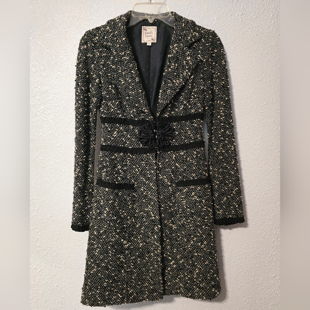 Nanette Lepore Tweed Black and Cream Coat with Notched Lapels